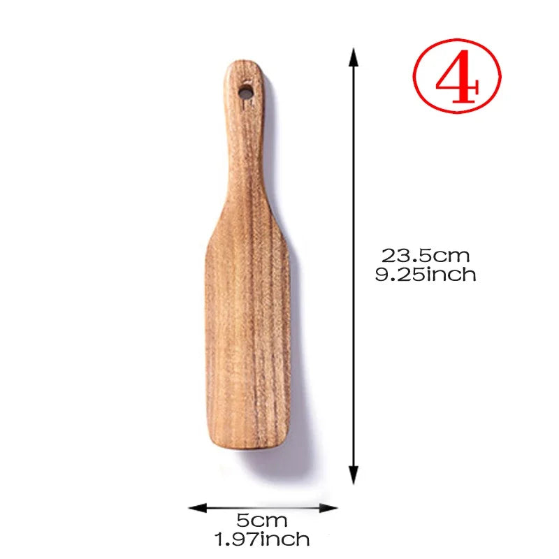 Juego de utensilios de cocina de madera de teca tailandesa de 7 piezas: colador de arroz, espumadera y cucharas para cocinar; ecológico y reutilizable