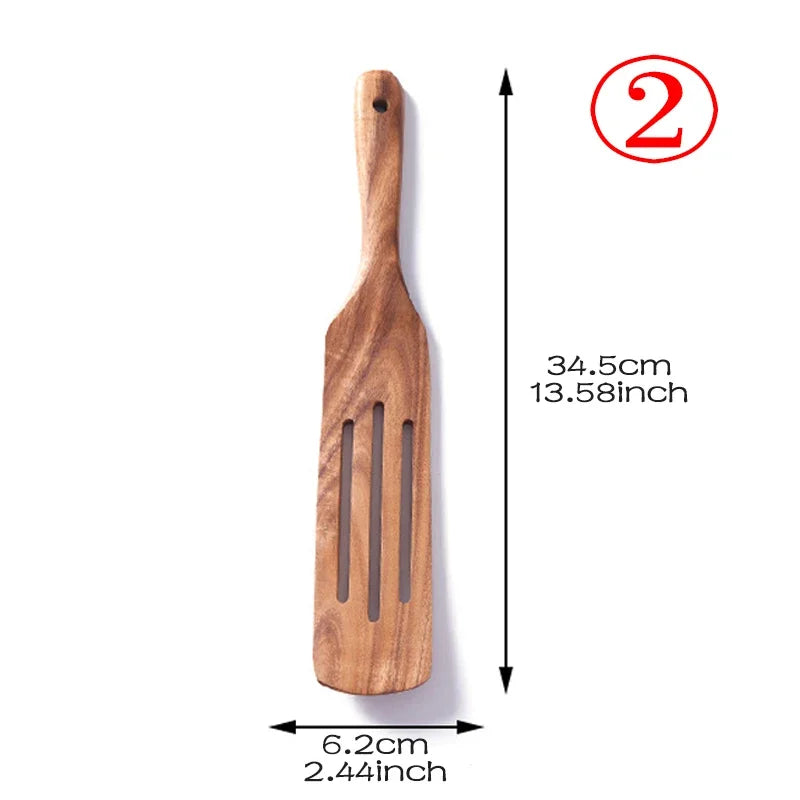 Juego de utensilios de cocina de madera de teca tailandesa de 7 piezas: colador de arroz, espumadera y cucharas para cocinar; ecológico y reutilizable