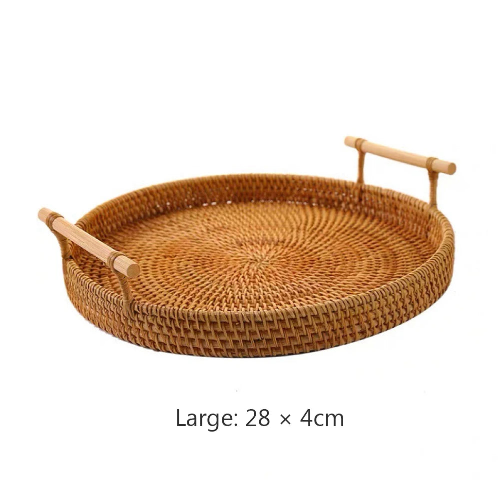 Handmade Rattan Fruit Storage Basket with Wooden Handle - Round Wicker Serving Tray