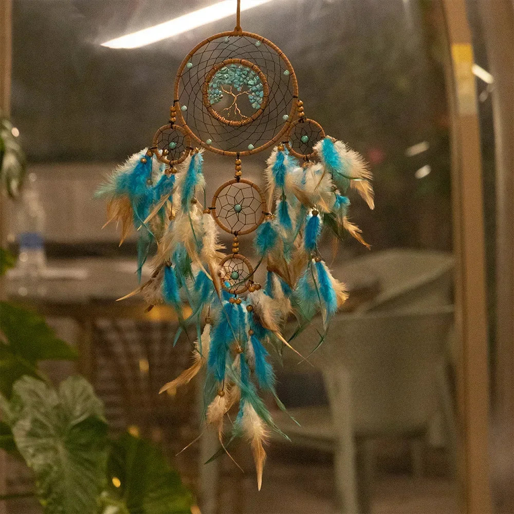 Handmade Dream-Catchers Hanging with Rattan Bead Feathers Wall Car Decoration Ornament Dreamcatchers Decoration Wind Chimes