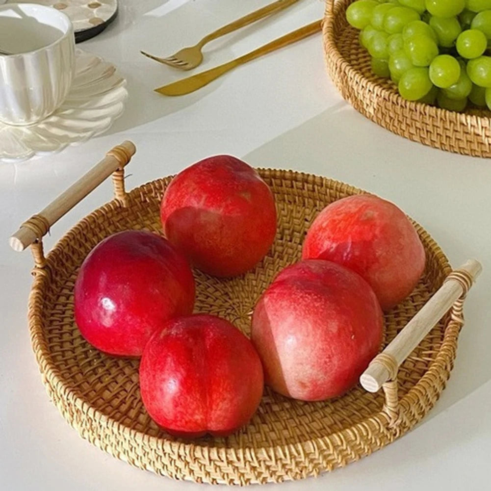 Handmade Rattan Fruit Storage Basket with Wooden Handle - Round Wicker Serving Tray