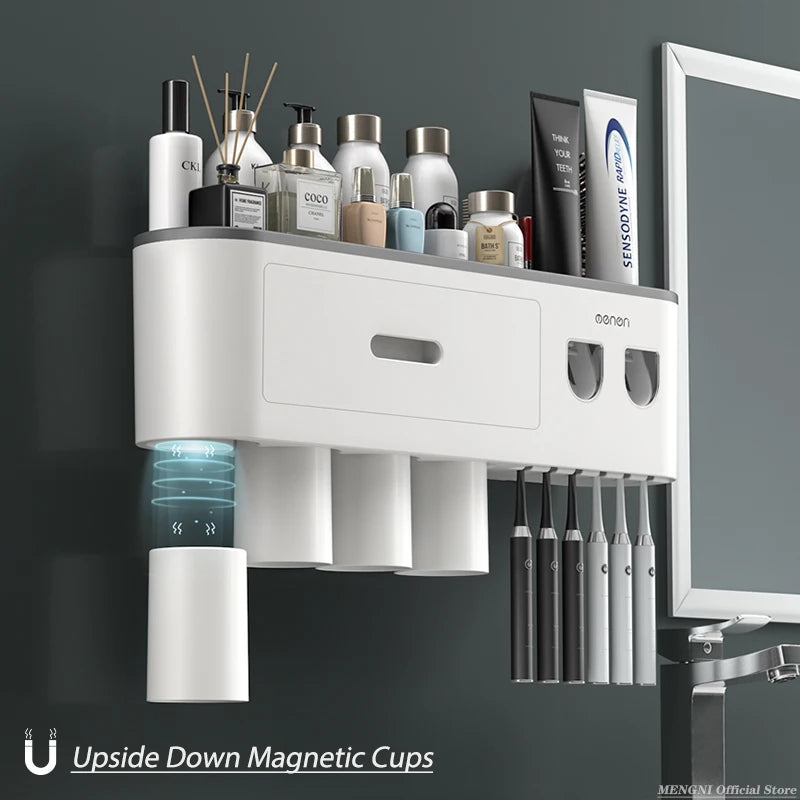 Magnetic Inverted Toothbrush Holder with Automatic Toothpaste Squeezer.