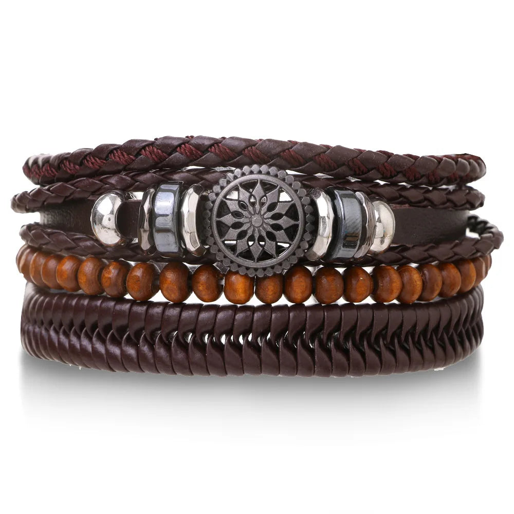 Vintage Tribal Leather Bracelets Set: Life Tree, Rudder & Wood Beads