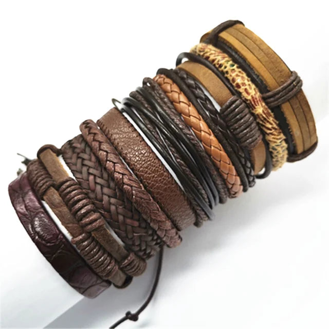 Handmade Brown Flower Leather Bracelet Set