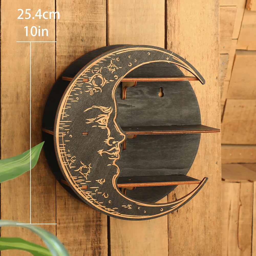 Moon Face Wooden Floating Shelf - Boho Wall Decor