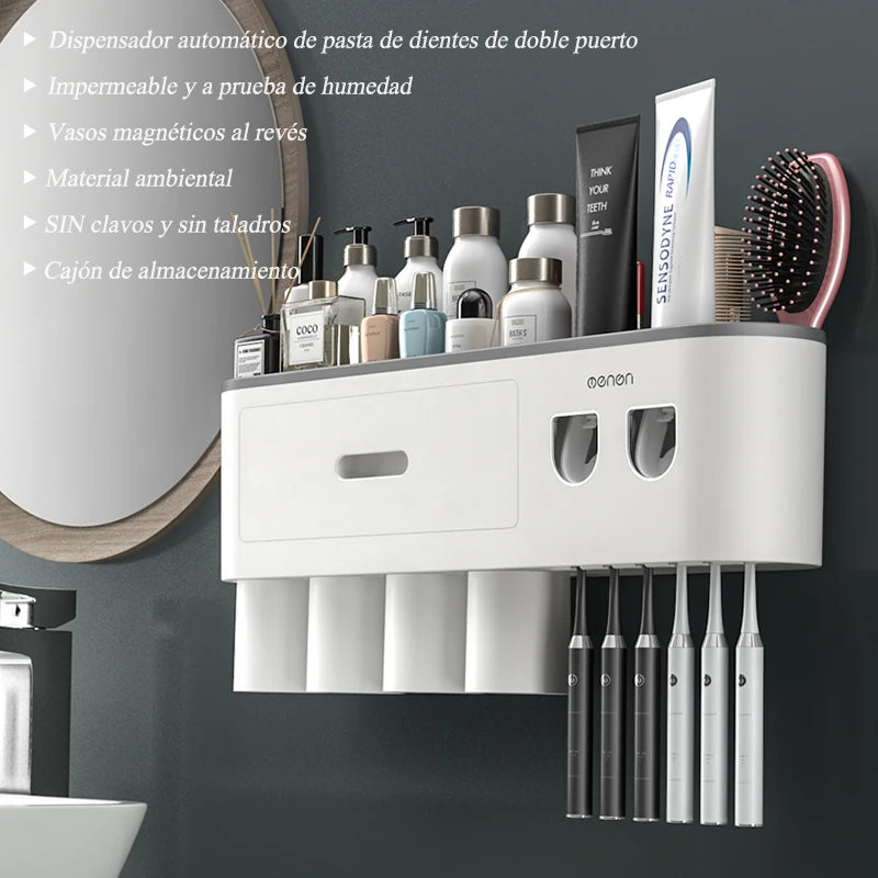 Magnetic Inverted Toothbrush Holder with Automatic Toothpaste Squeezer.