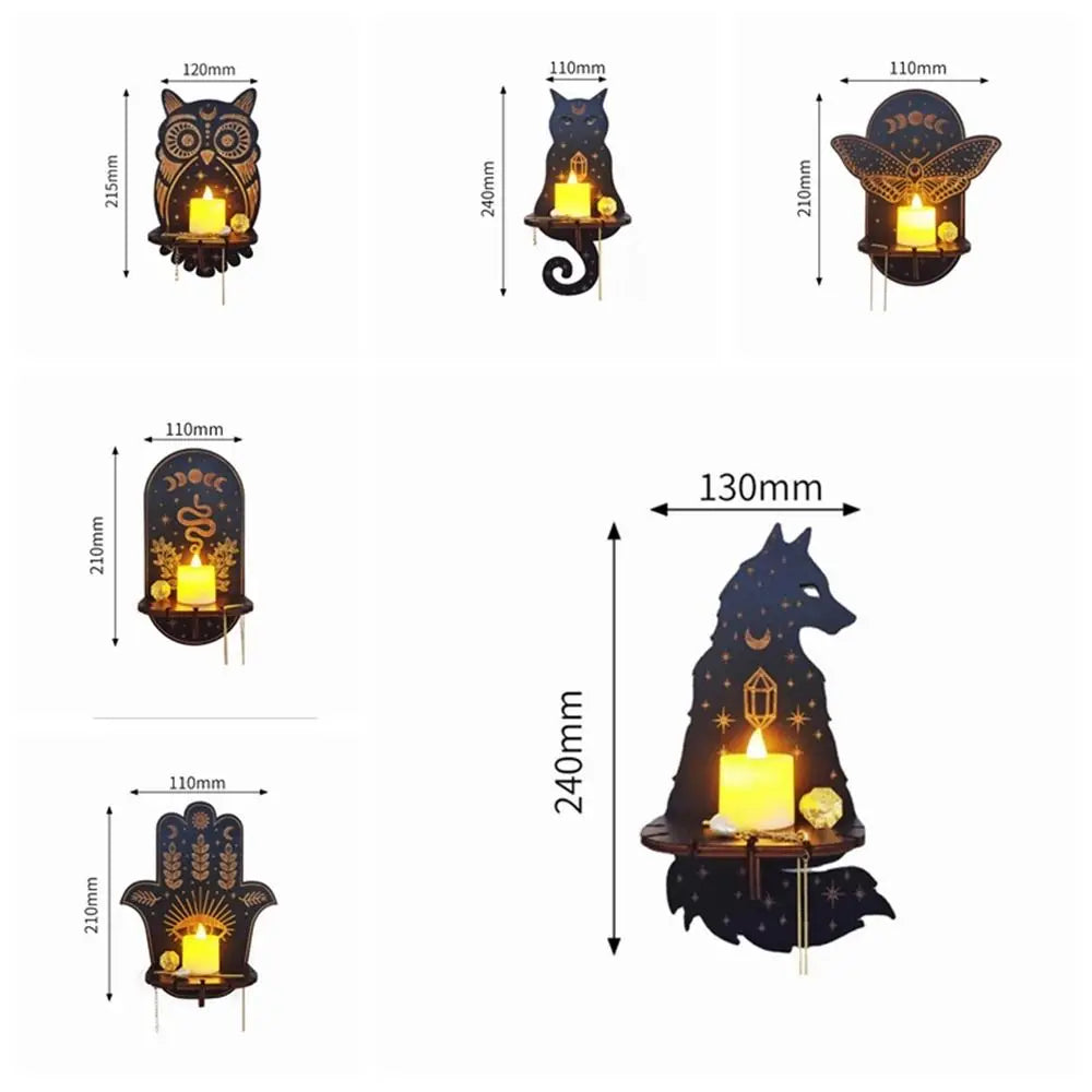 Owl Carved Wooden Candle Holder and Crystal Display Shelf