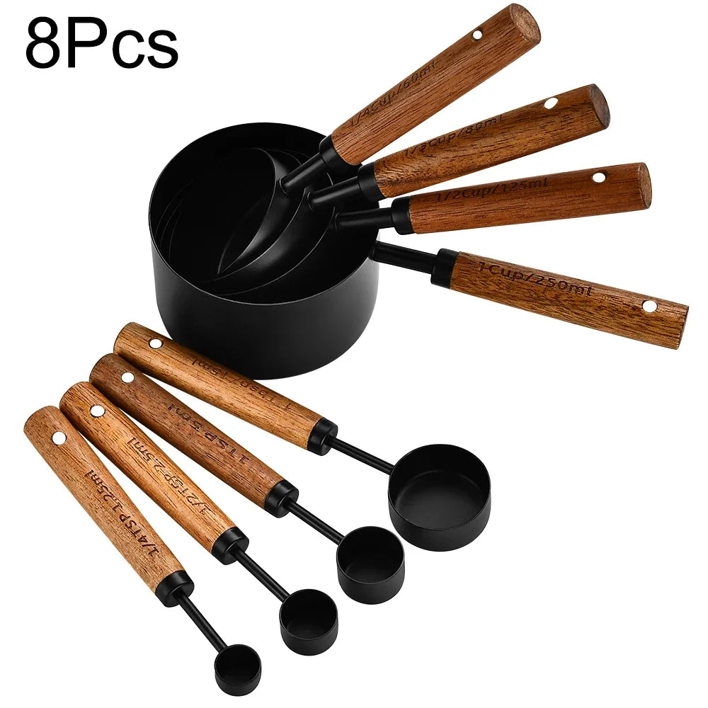 Wooden Handle Stainless Steel Measuring Cups & Spoons Set - 4/8 Pieces