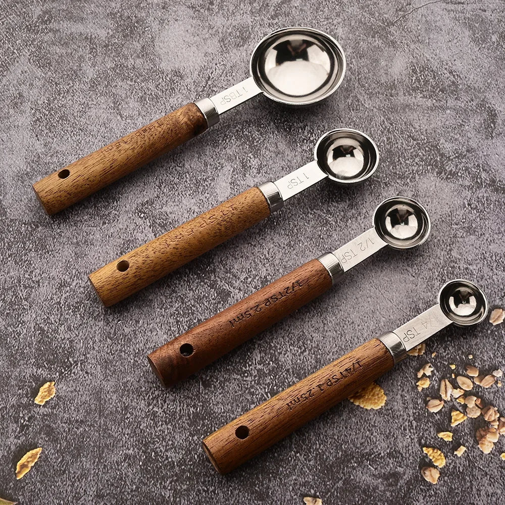 Wooden Handle Stainless Steel Measuring Cups & Spoons Set - 4/8 Pieces