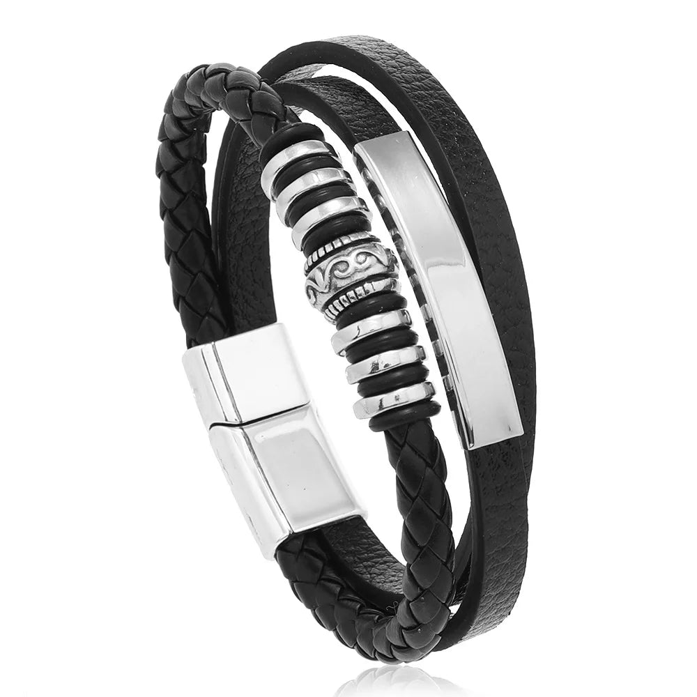 Trendy Men’s Leather Bracelets: Stainless Steel & Braided Rope