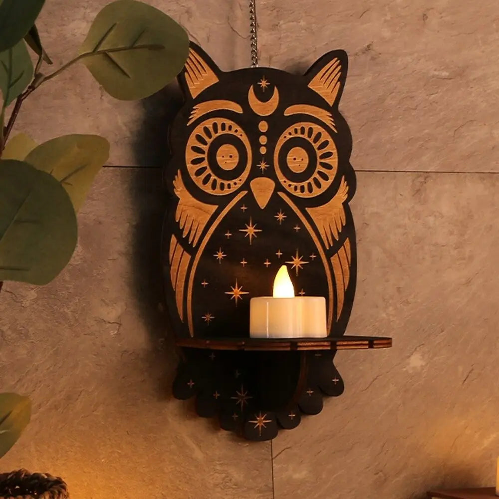 Owl Carved Wooden Candle Holder and Crystal Display Shelf