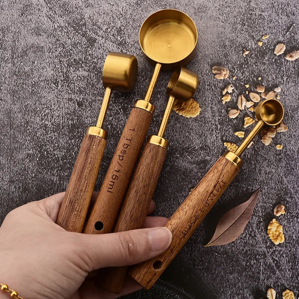 Wooden Handle Stainless Steel Measuring Cups & Spoons Set - 4/8 Pieces