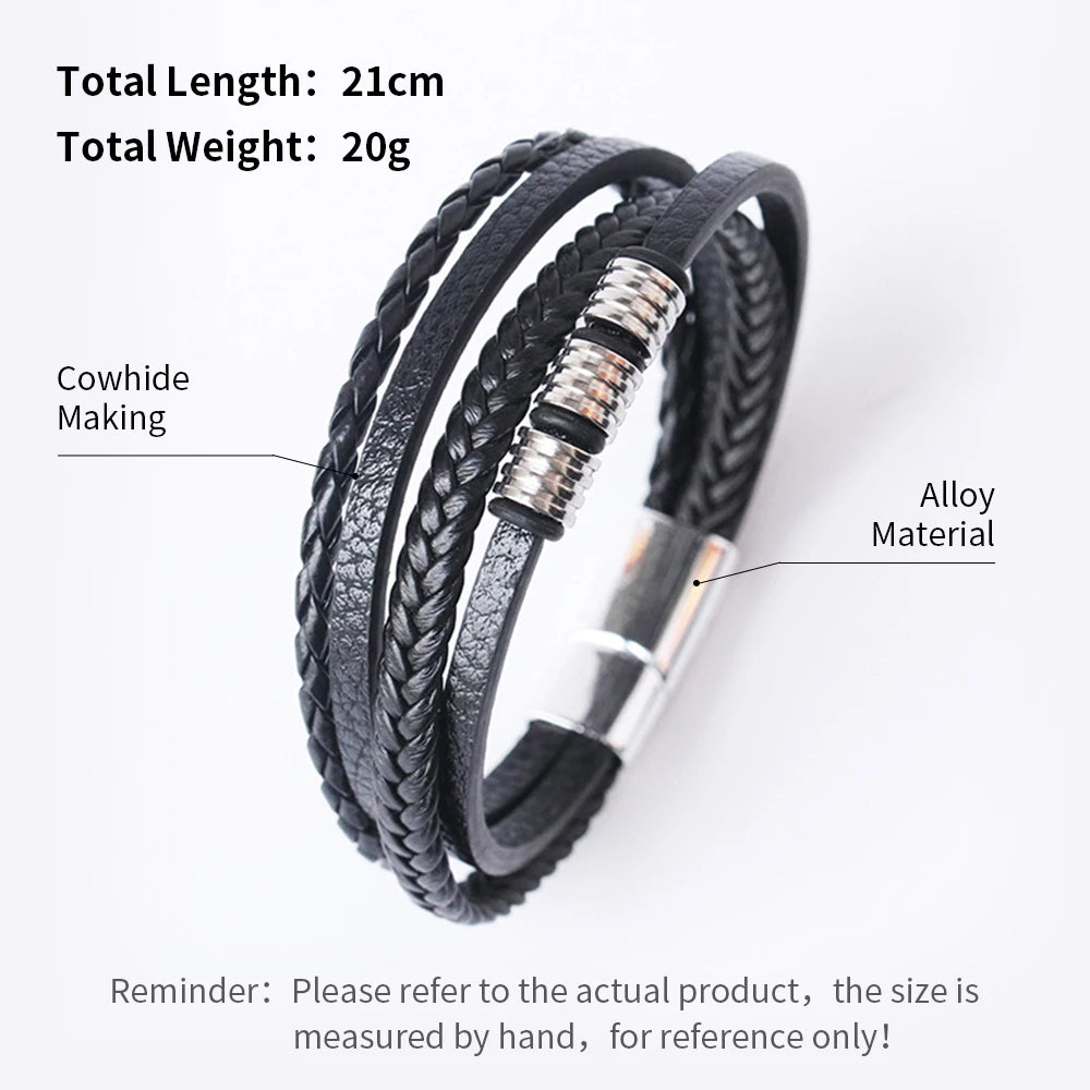 Trendy Men’s Leather Bracelets: Stainless Steel & Braided Rope