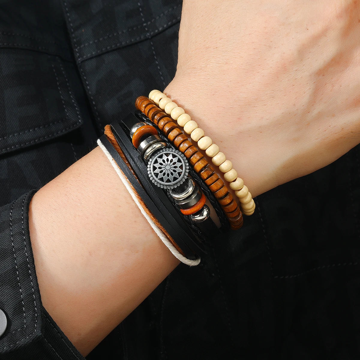 Vintage Tribal Leather Bracelets Set: Life Tree, Rudder & Wood Beads