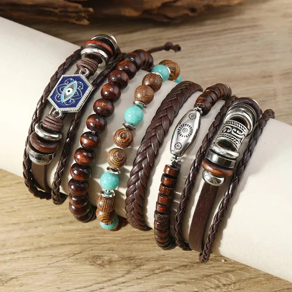 Juego de pulseras con dijes bohemios: pluma, ojo malvado, mano de Fátima y más