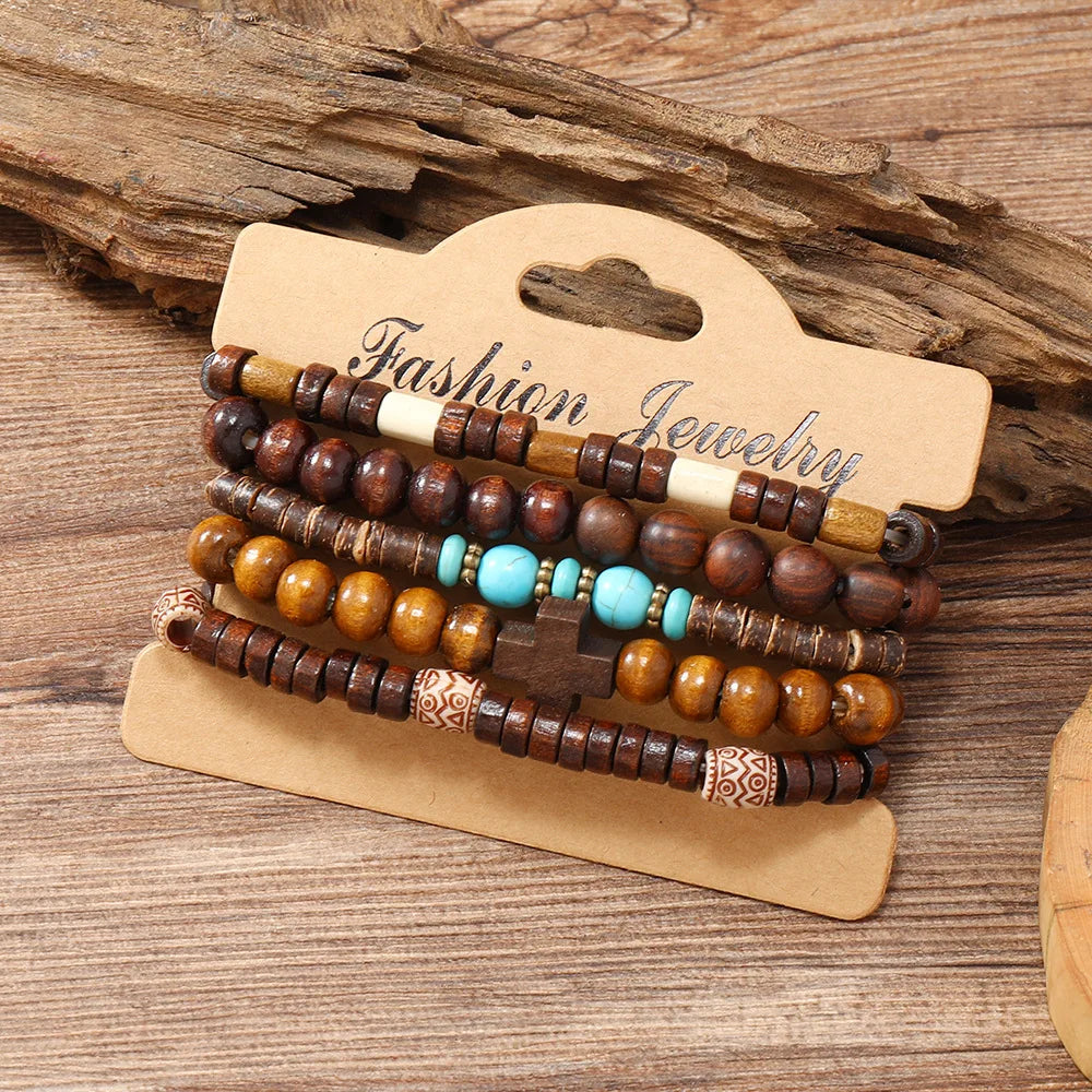 Boho Charm Bracelet Set: Wood Beads & Ethnic Charms