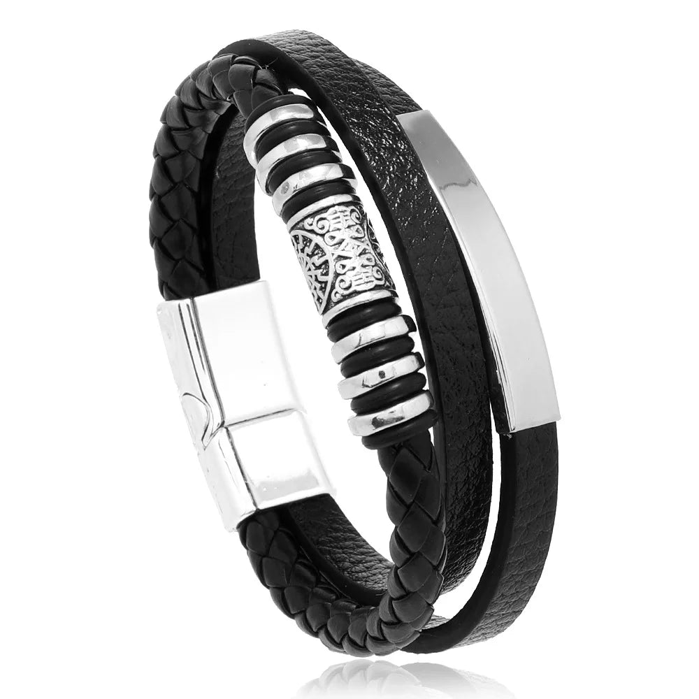 Trendy Men’s Leather Bracelets: Stainless Steel & Braided Rope