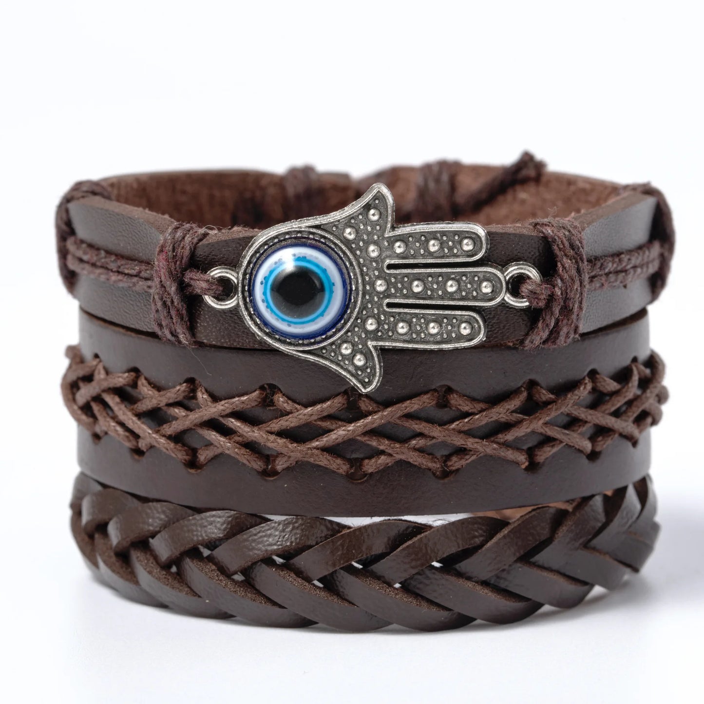 Vintage Tribal Leather Bracelets Set: Life Tree, Rudder & Wood Beads