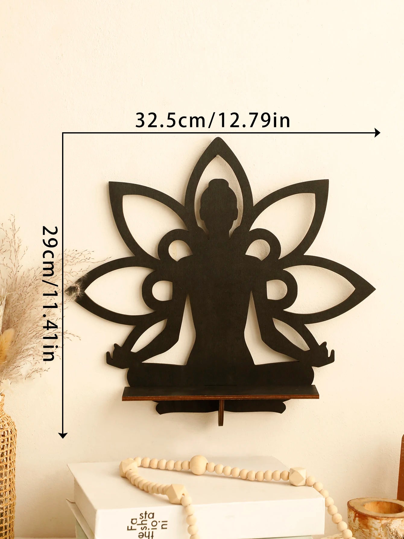 Estante de pared de madera estilo boho con diseño de Buda y soporte de exhibición de cristal de loto