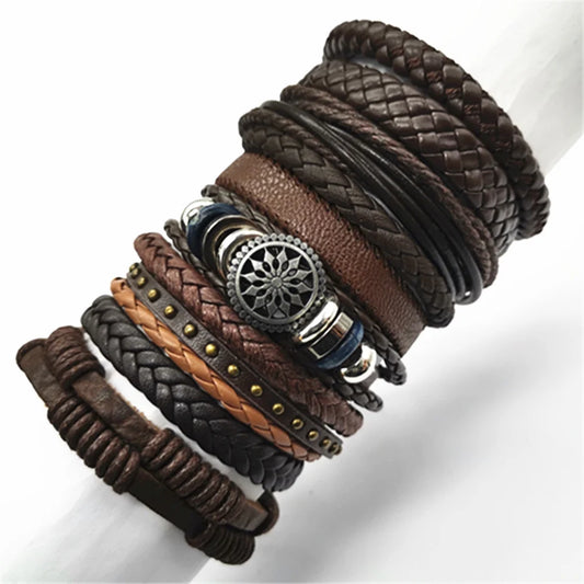 Handmade Brown Flower Leather Bracelet Set