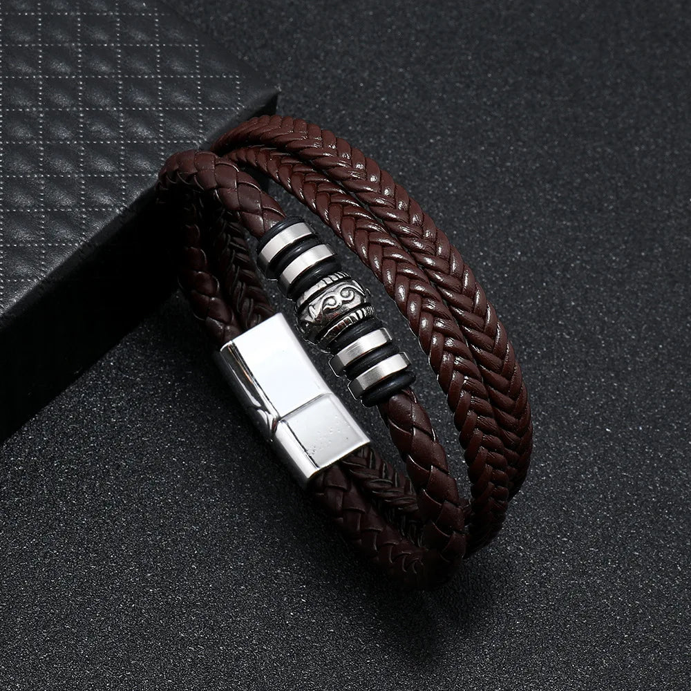 Trendy Men’s Leather Bracelets: Stainless Steel & Braided Rope