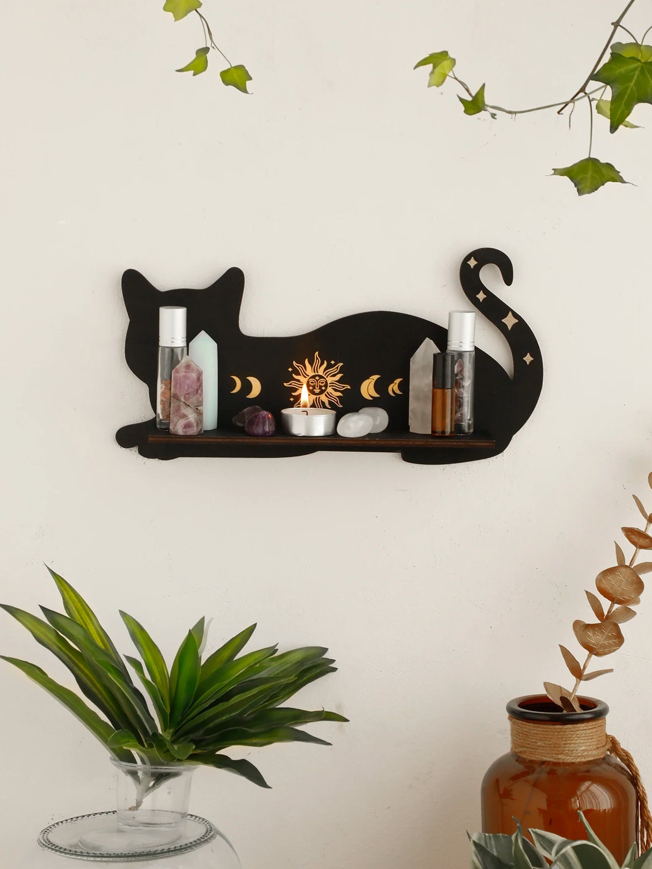 Black Cat Moon Phase Wooden Shelf for Witchy Home Decor