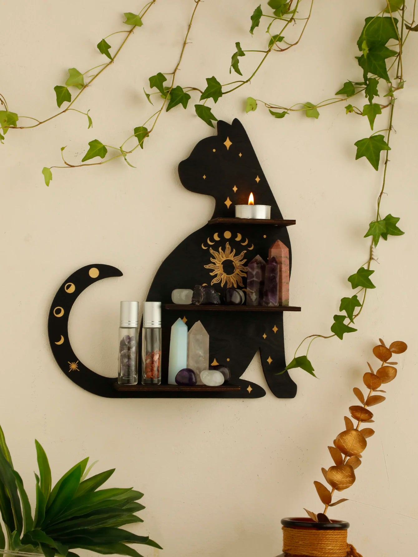 Black Cat Moon Phase Wooden Shelf for Witchy Home Decor