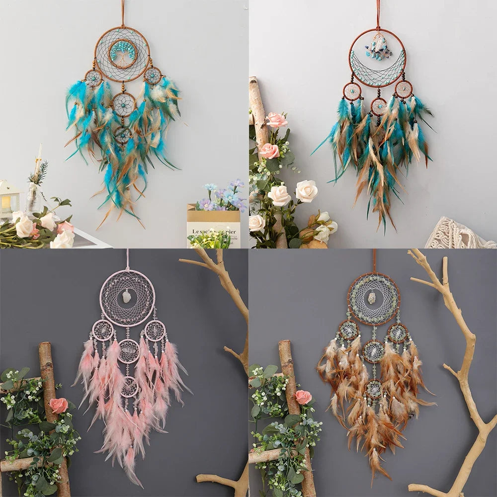 Handmade Dream-Catchers Hanging with Rattan Bead Feathers Wall Car Decoration Ornament Dreamcatchers Decoration Wind Chimes