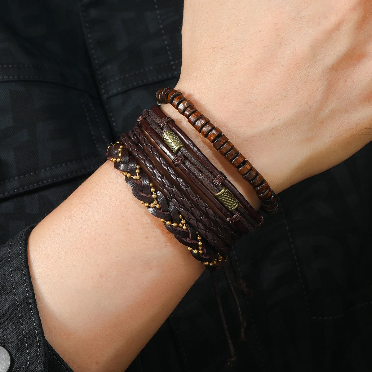 Vintage Tribal Leather Bracelets Set: Life Tree, Rudder & Wood Beads