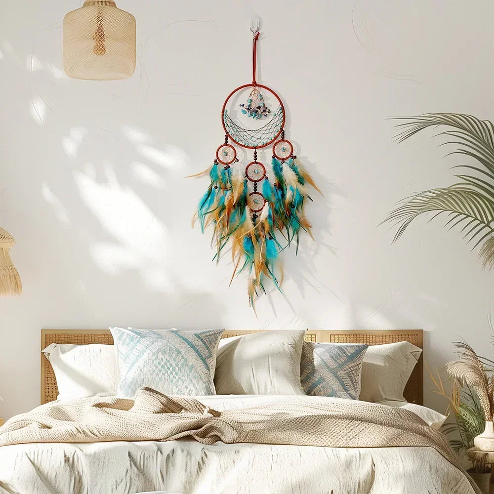 Handmade Dream-Catchers Hanging with Rattan Bead Feathers Wall Car Decoration Ornament Dreamcatchers Decoration Wind Chimes