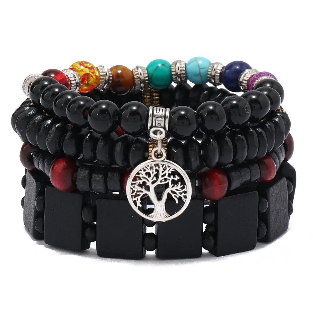 Boho Charm Bracelet Set: Wood Beads & Ethnic Charms