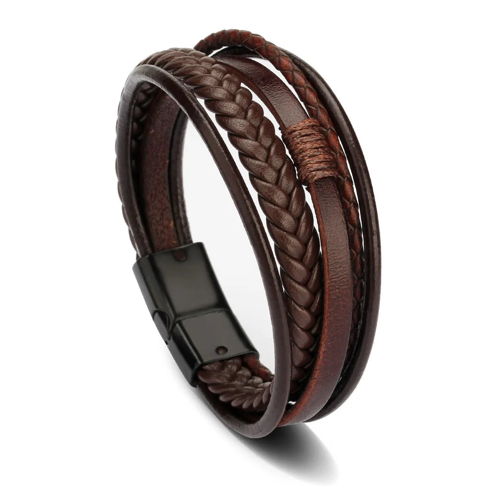 Trendy Men’s Leather Bracelets: Stainless Steel & Braided Rope