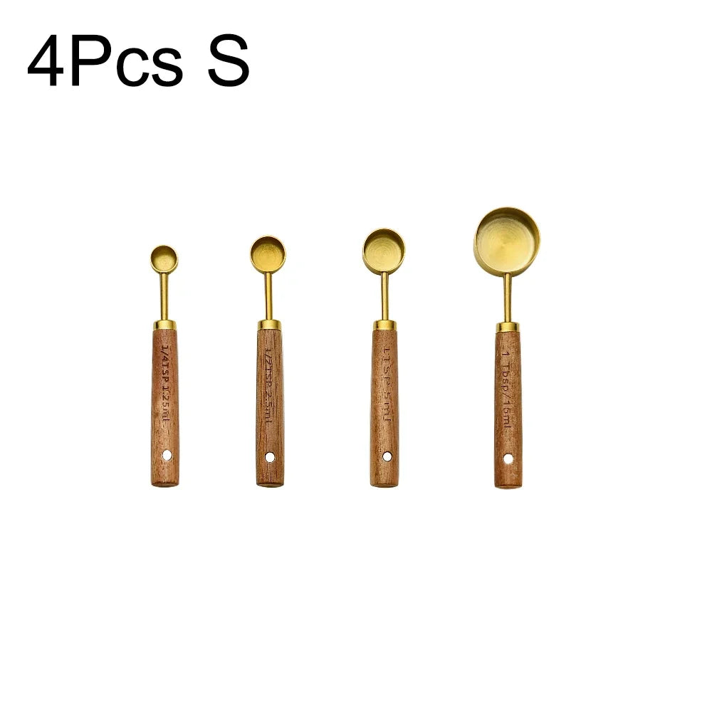 Wooden Handle Stainless Steel Measuring Cups & Spoons Set - 4/8 Pieces