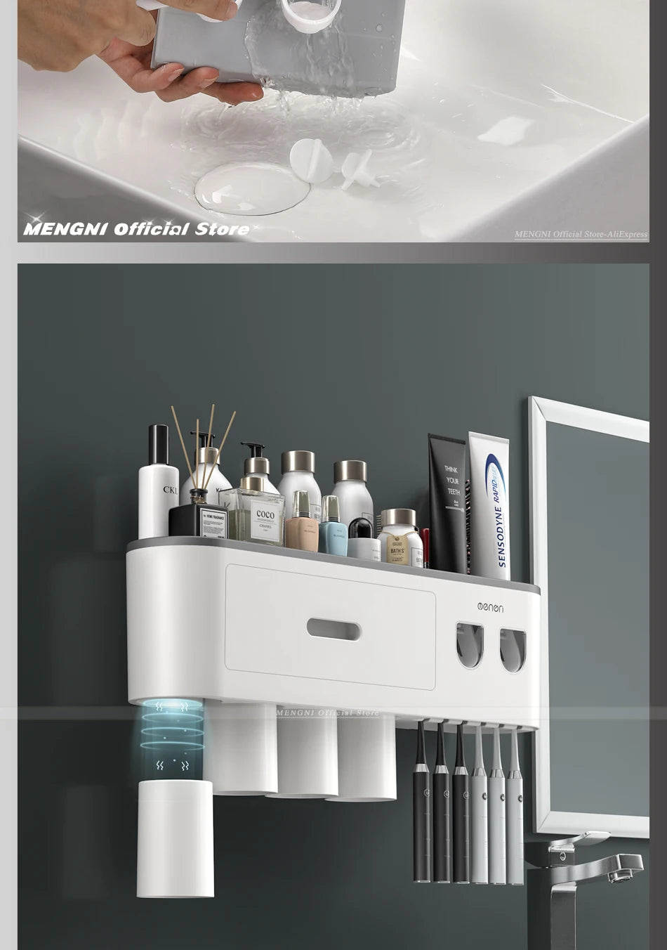 Magnetic Inverted Toothbrush Holder with Automatic Toothpaste Squeezer.