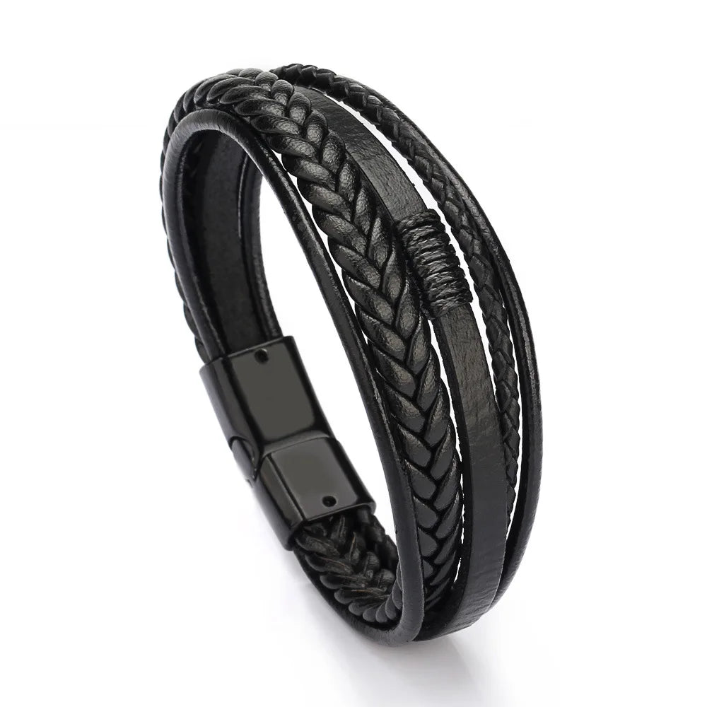 Trendy Men’s Leather Bracelets: Stainless Steel & Braided Rope