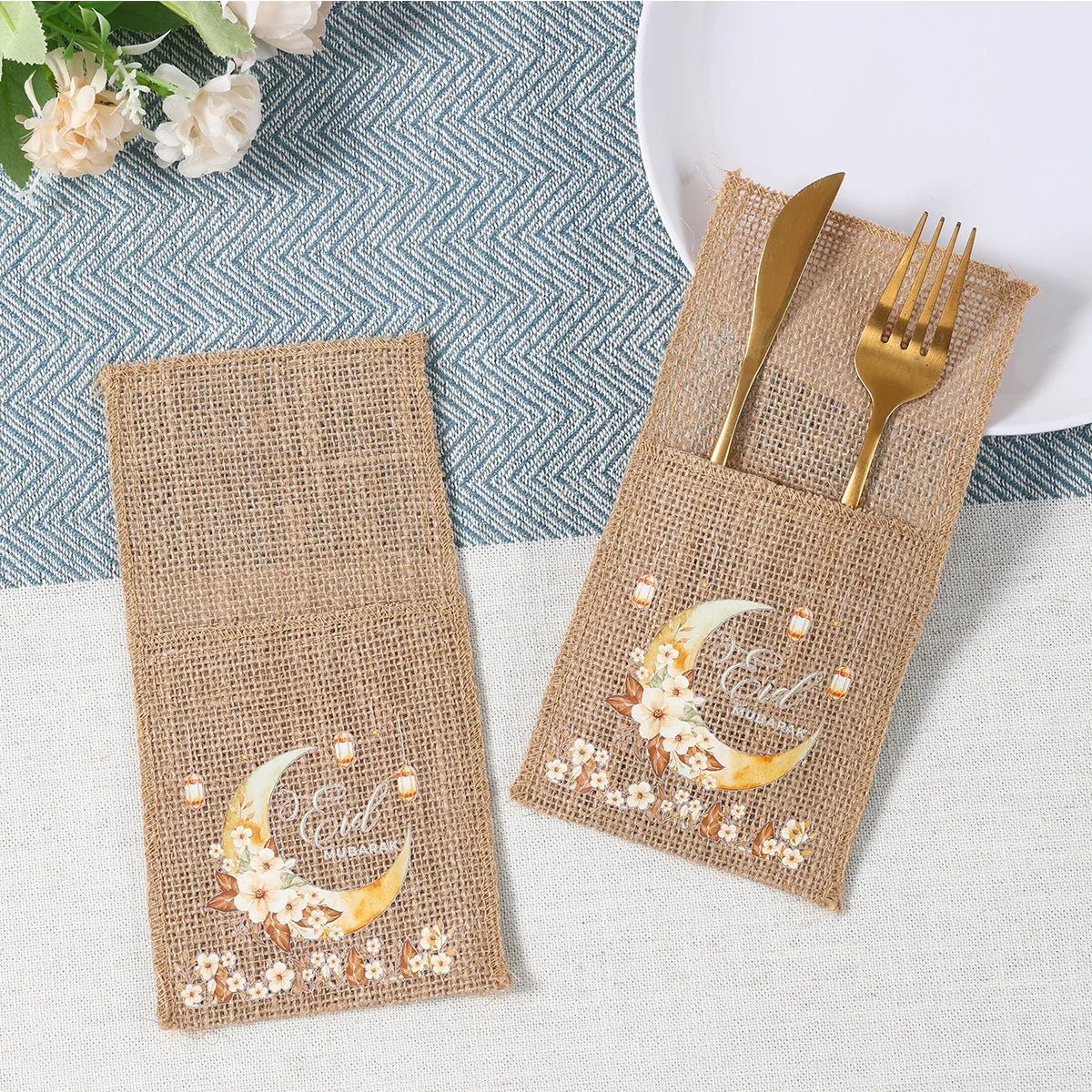 EID Mubarak 2025 Moon & Star Tableware Bags - Ramadan & Eid Al Adha Decor