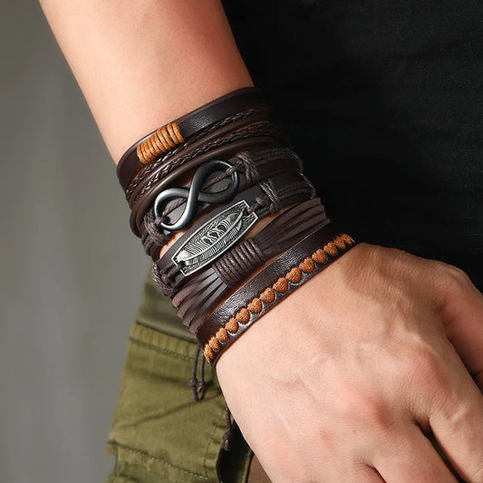 Men's Cowhide Bracelet Set: Infinity Symbol, Feather & Alloy Charms