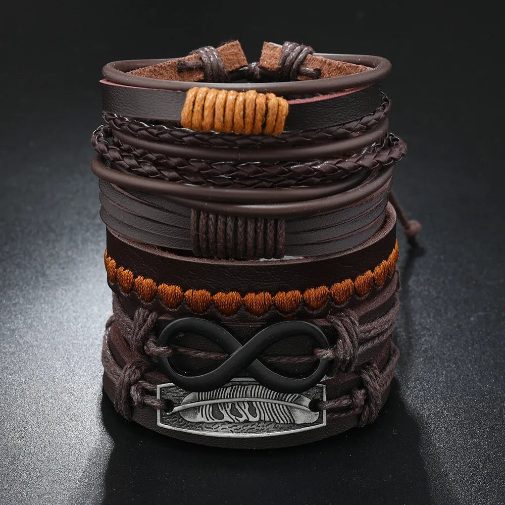 Ensemble de bracelets en cuir de vache pour homme : symbole de l'infini, plume et breloques en alliage