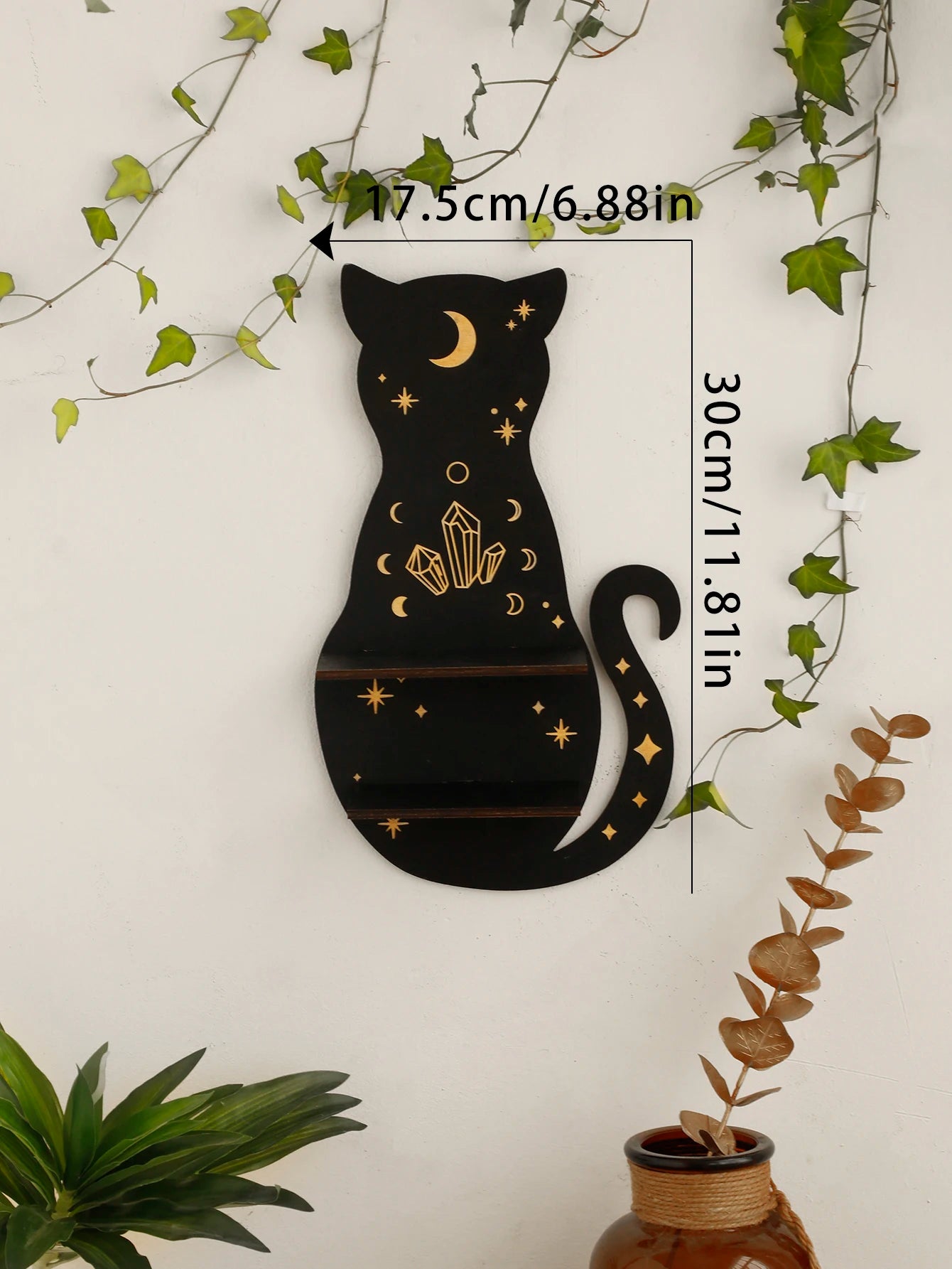 Black Cat Moon Phase Wooden Shelf for Witchy Home Decor