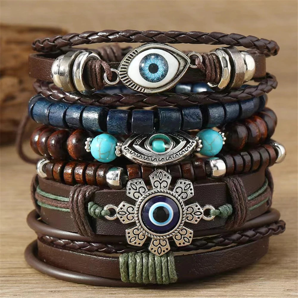 Juego de pulseras con dijes bohemios: pluma, ojo malvado, mano de Fátima y más