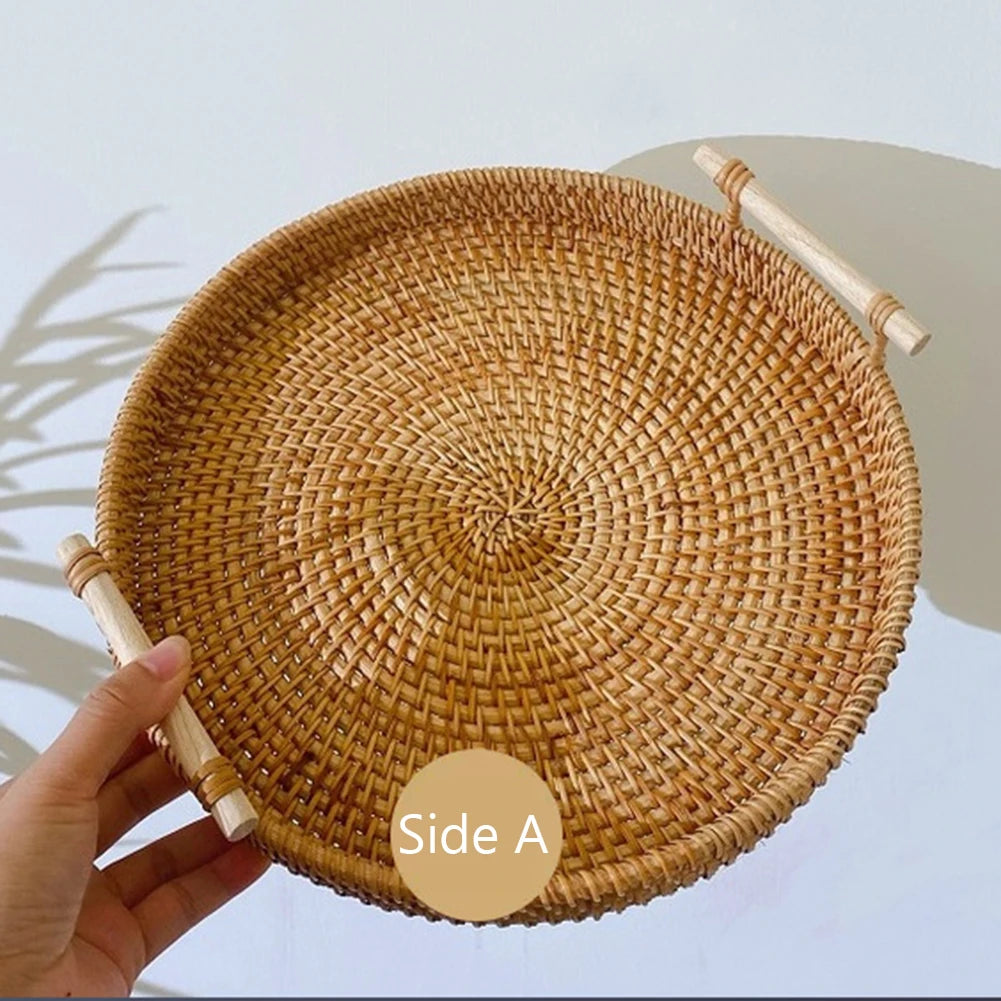 Handmade Rattan Fruit Storage Basket with Wooden Handle - Round Wicker Serving Tray