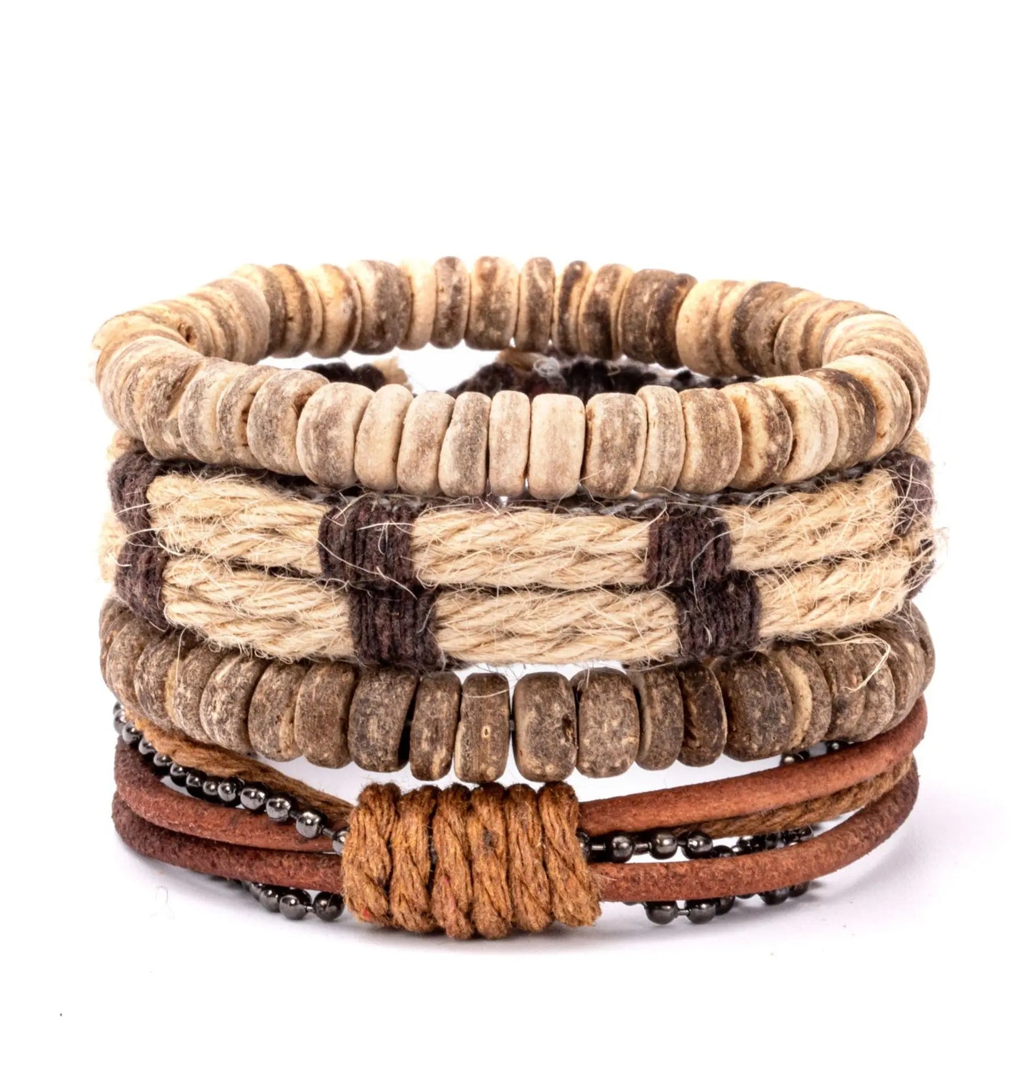 Vintage Tribal Leather Bracelets Set: Life Tree, Rudder & Wood Beads