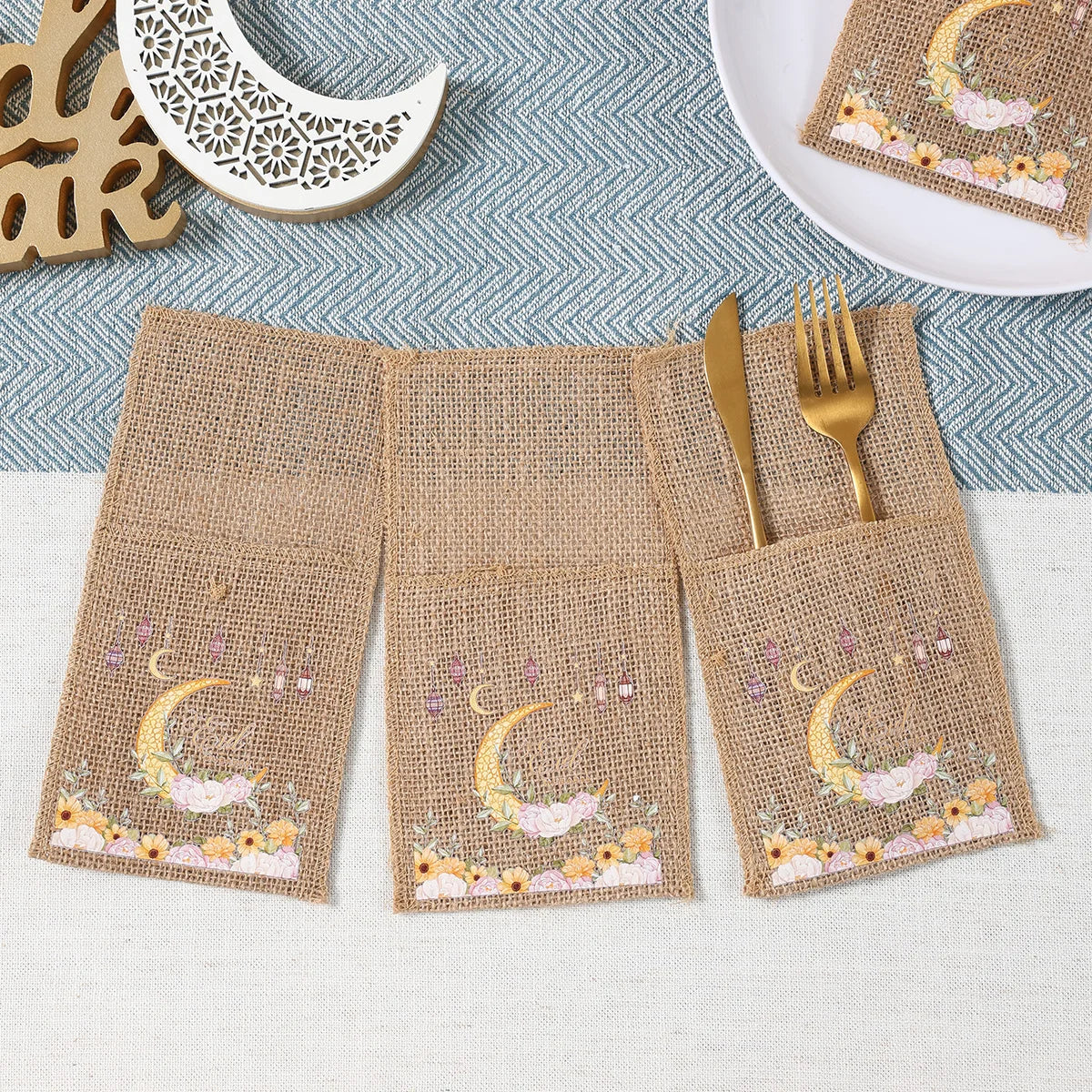 EID Mubarak 2025 Moon & Star Tableware Bags - Ramadan & Eid Al Adha Decor