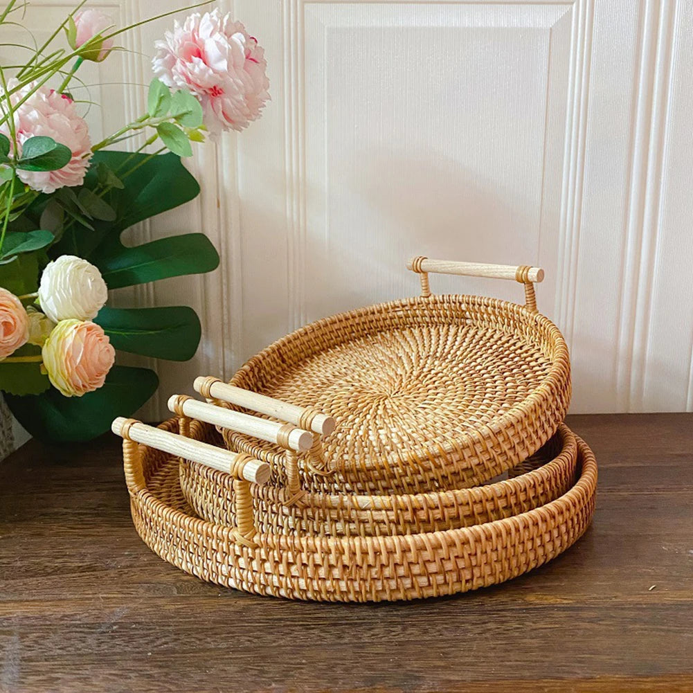 Panier de rangement de fruits en rotin fait à la main avec poignée en bois - Plateau de service rond en osier