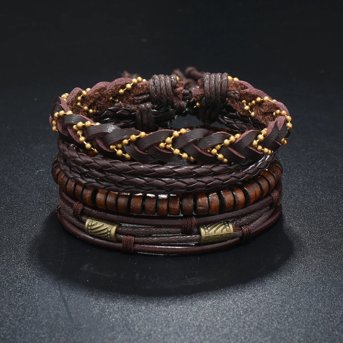 Vintage Tribal Leather Bracelets Set: Life Tree, Rudder & Wood Beads