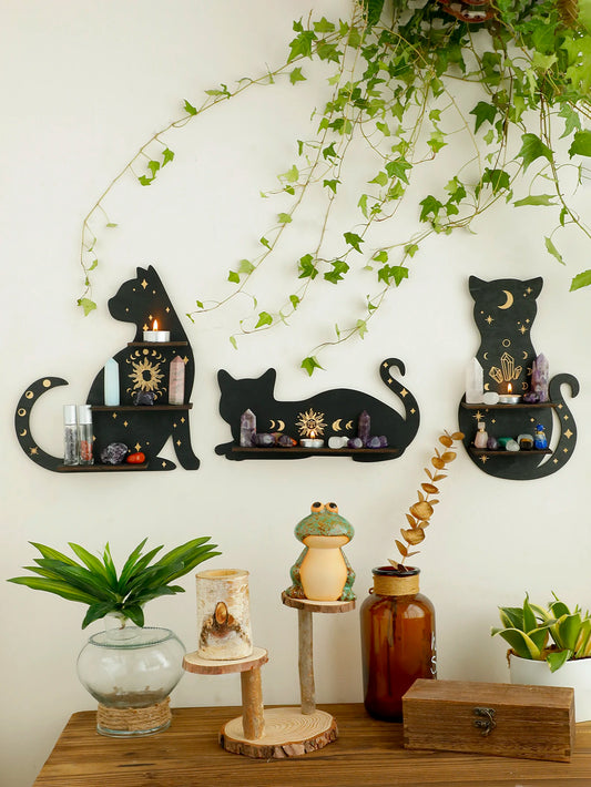 Estante de madera con diseño de gato negro y fases lunares para decoración del hogar con temática de brujas