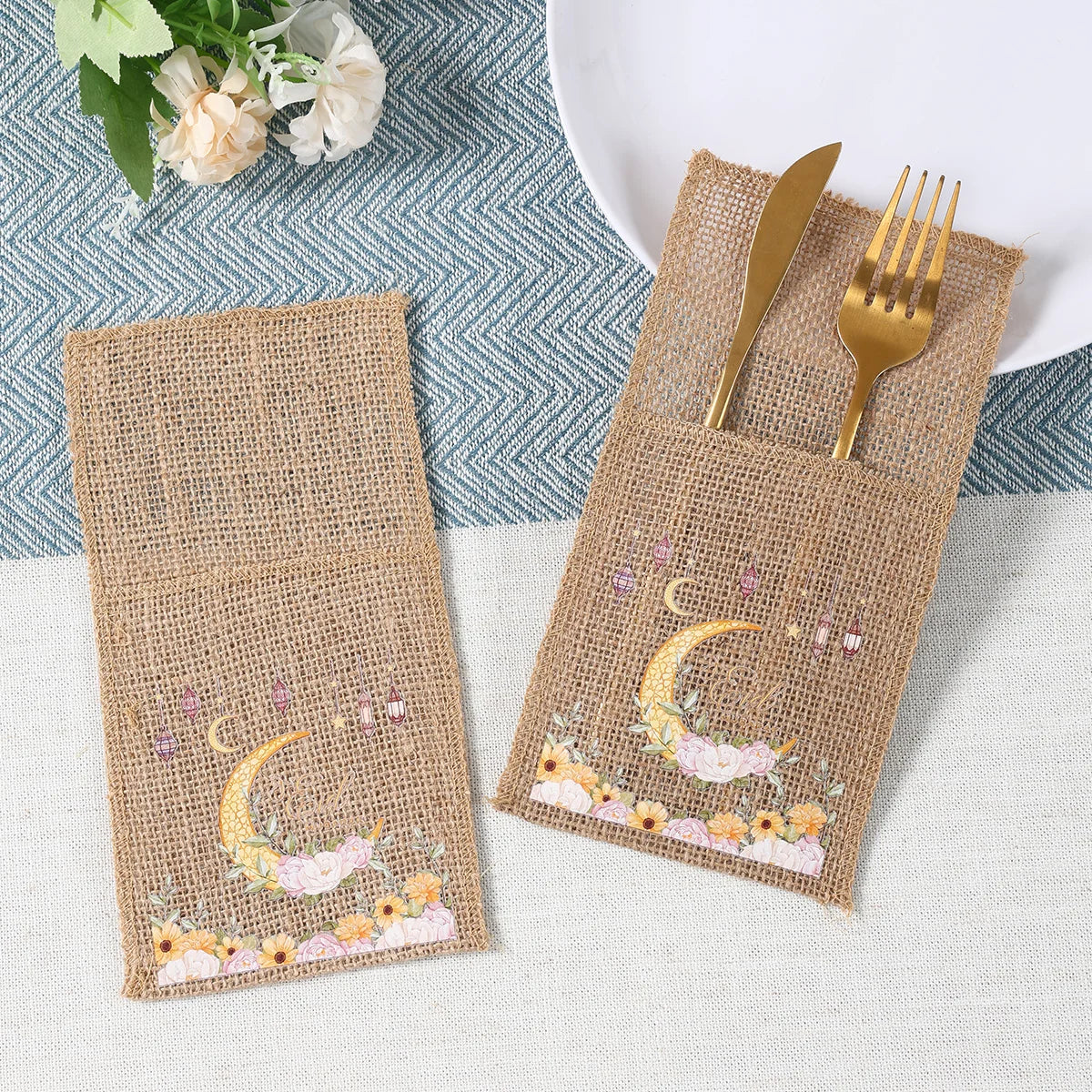 EID Mubarak 2025 Moon & Star Tableware Bags - Ramadan & Eid Al Adha Decor