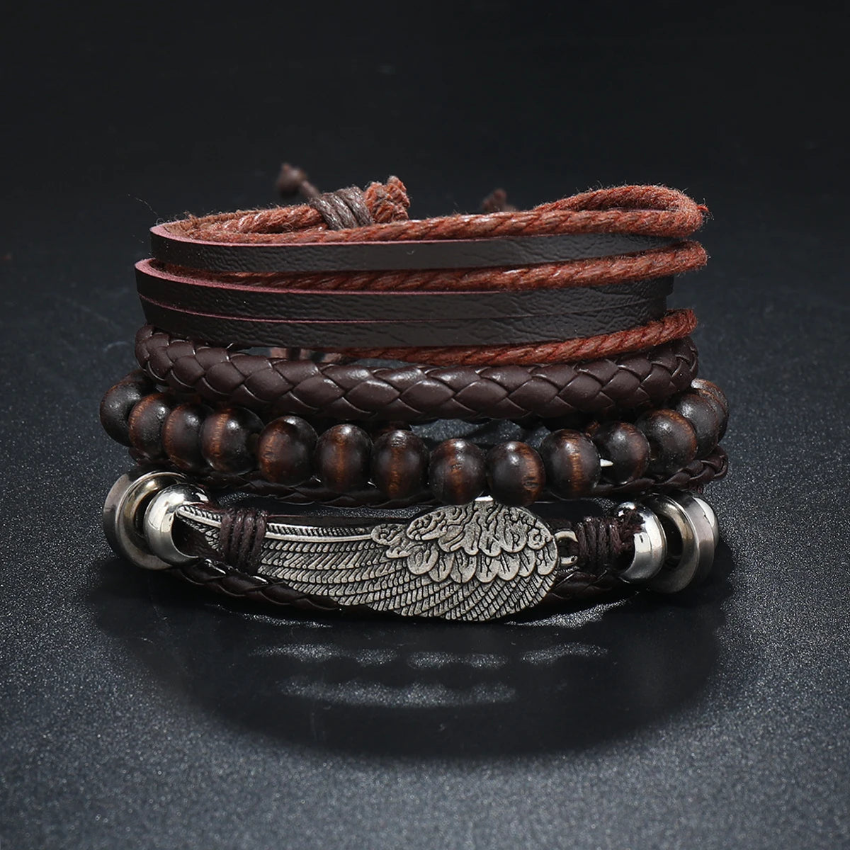 Vintage Tribal Leather Bracelets Set: Life Tree, Rudder & Wood Beads