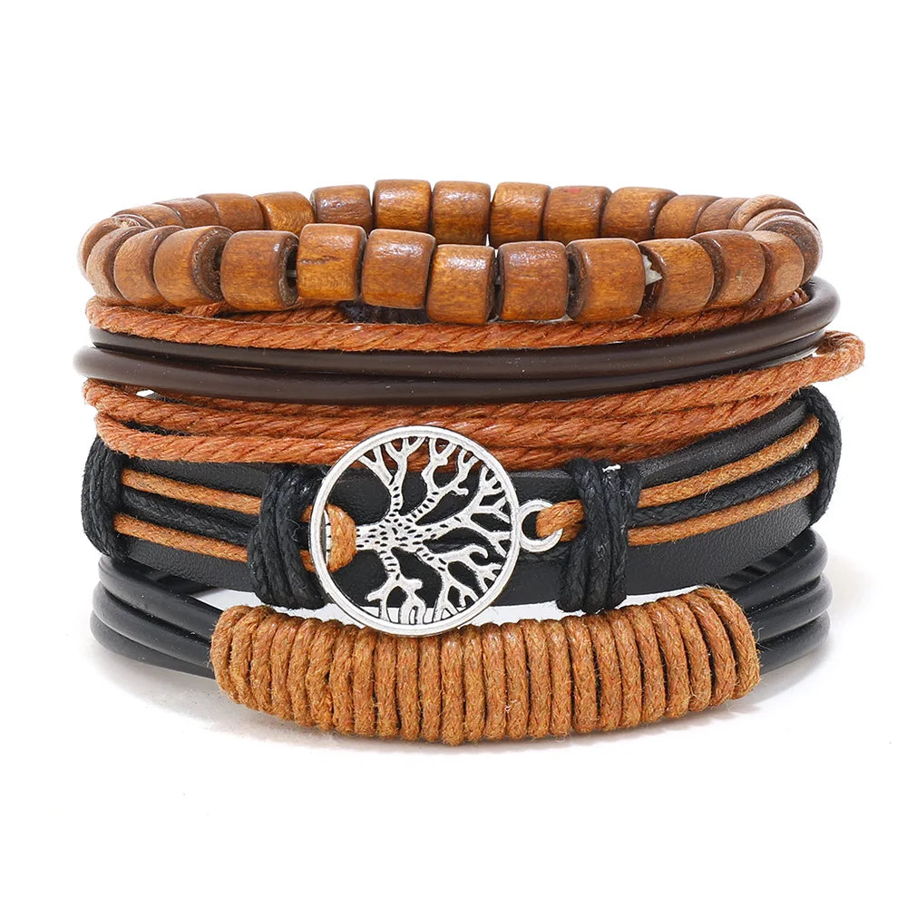 Vintage Tribal Leather Bracelets Set: Life Tree, Rudder & Wood Beads