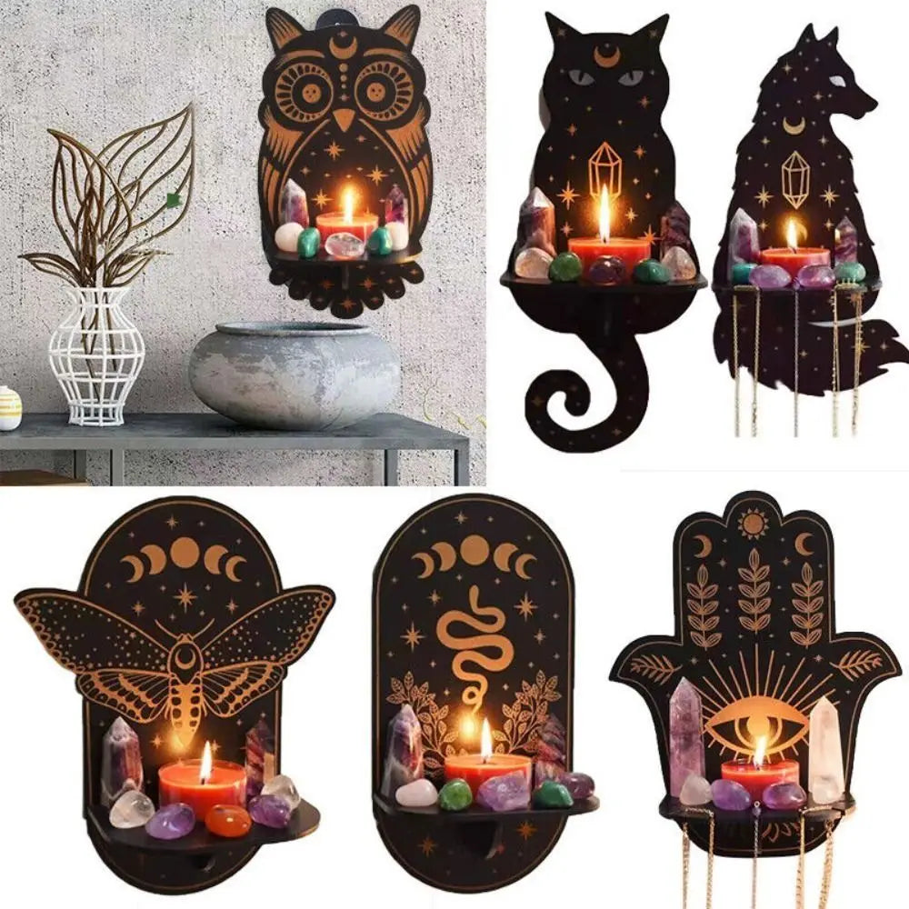 Owl Carved Wooden Candle Holder and Crystal Display Shelf